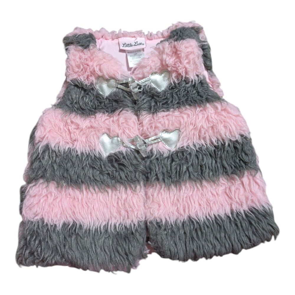 Little Lass Toddler Faux Fur Vest 18M Pink & Gray Heart Closure